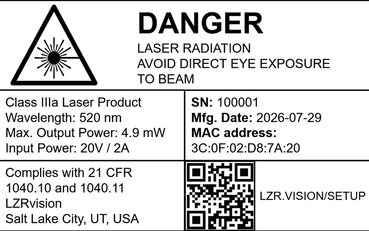 LZRvision product safety label showing DANGER laser radiation warning, Class IIIa Laser Product, wavelength 520nm, max output power 5mW, compliance with 21 CFR 1040.10 and 1040.11
